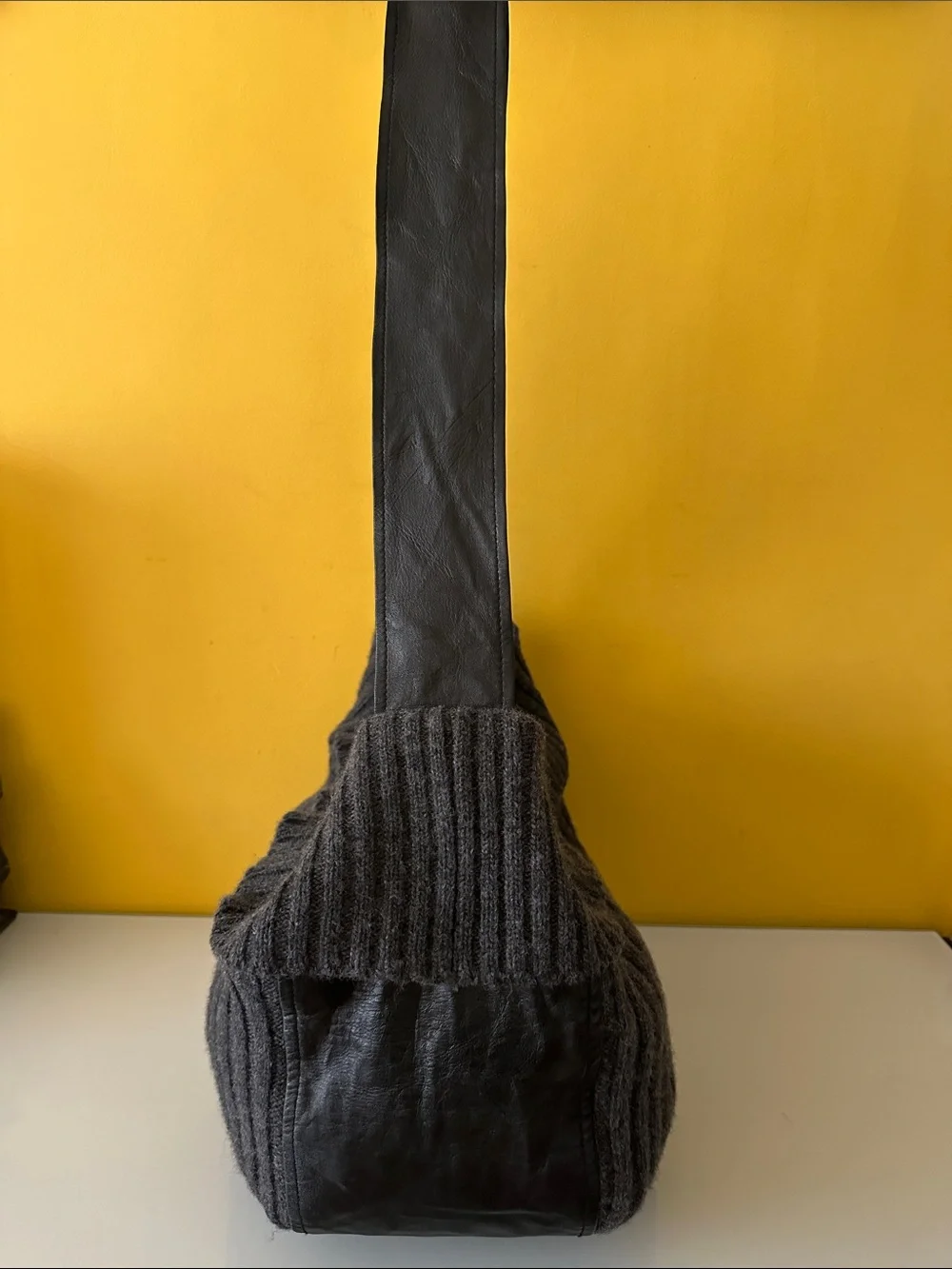 Darzzi Leather and Gray Lambswool Ribbed Knit Hobo Bag Slouchy Oversized Sling